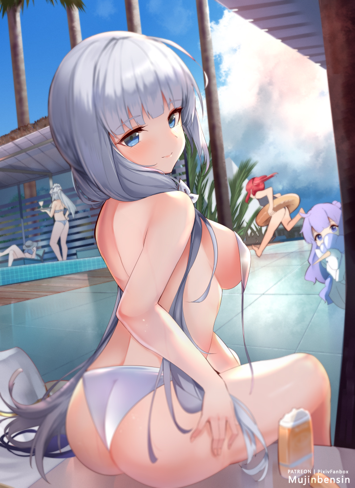 5girls aqua_bikini ass azur_lane belfast_(azur_lane) bikini blue_eyes blush braid breasts character_request french_braid hair_bun hair_ornament hair_ribbon illustrious_(azur_lane) innertube large_breasts long_hair looking_at_viewer maid_headdress mole mole_under_eye mujinbensin multiple_girls pool purple_eyes purple_hair red_hair revision ribbon running san_diego_(azur_lane) school_swimsuit single_hair_bun single_side_bun stuffed_animal stuffed_toy stuffed_unicorn swim_ring swimsuit tray unicorn_(azur_lane) very_long_hair wedgie white_bikini