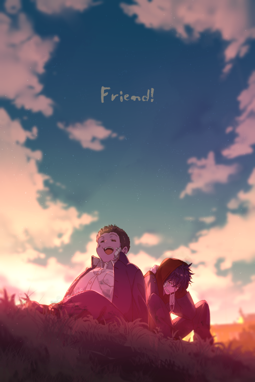 2boys ^_^ arms_behind_head bandaid bandaid_on_face black_hair brown_hair building clenched_teeth closed_eyes cloud collared_shirt dirty dirty_clothes dirty_face dress_shirt echo_(circa) english_text field gakuran grass hands_up hood hood_up hoodie jacket kageura_masato kitazoe_hiro knees_up laughing long_sleeves mask mouth_mask multiple_boys nature on_ground open_clothes open_jacket open_mouth outdoors school_uniform shirt short_hair sitting sky sunlight teeth twilight twitter_username white_shirt world_trigger