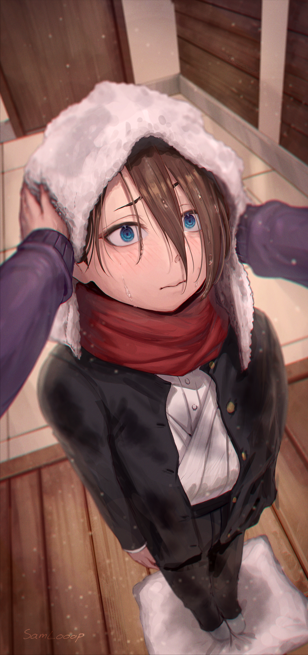 1boy 1girl artist_name black_pants blue_eyes blush boku_no_kokoro_no_yabai_yatsu brown_hair gakuran hair_between_eyes hetero highres ichikawa_kyoutarou indoors long_sleeves pants red_scarf samlooop scarf school_uniform shirt standing towel wet white_footwear white_shirt wiping yamada_anna