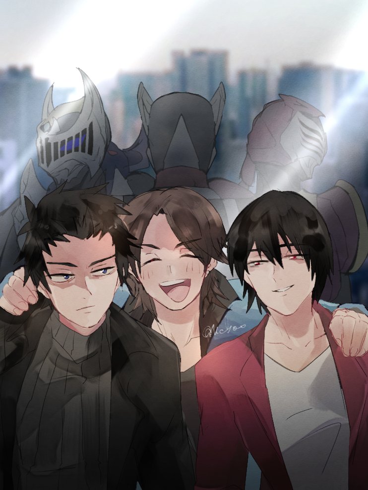 3boys akiyama_ren arm_around_shoulder armor bat_(animal) black_shirt blue_eyes brown_hair city cityscape closed_eyes dragon dual_persona friends grey_sweater jacket kamen_rider kamen_rider_knight kamen_rider_raia kamen_rider_ryuki kamen_rider_ryuki_(series) kidou_shinji mirror mirror_image multiple_boys ni_celery_pk red_armor red_eyes red_jacket reflection ribbed_sweater shirt short_hair smile smirk spiked_hair stingray sweater tezuka_miyuki white_shirt