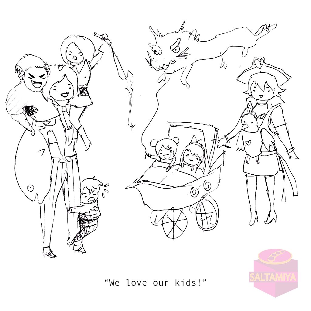 3boys 4girls artist_name balloon boots chibi closed_eyes double_bun dragon_ball english_text hair_bun jacket legs love_heart_(kof) mamahaha monochrome mui_mui_(snk) multiple_boys multiple_girls nakoruru necktie open_mouth pants rock_howard scared short_hair sketch skirt smile the_king_of_fighters thighs vanessa_(kof) whip whip_(kof) yamazaki_ryuuji