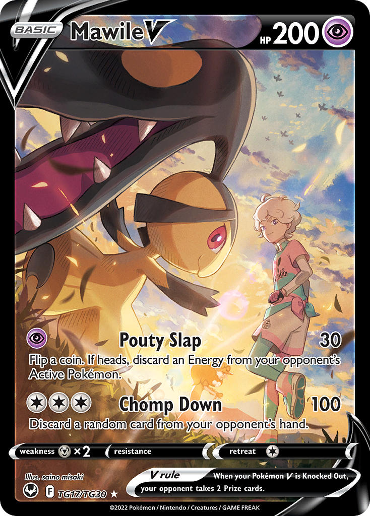 1boy 1girl artist_name bede_(pokemon) bird card_(medium) character_name closed_mouth cloud company_name copyright_name copyright_notice english_text gen_3_pokemon gloves grass looking_back mawile nintendo official_alternate_costume official_art opal_(pokemon) outdoors pokemon pokemon_(creature) pokemon_card pokemon_focus pokemon_swsh pokemon_tcg red_eyes saino_misaki sharp_teeth shoes short_hair shorts sky smile sun teeth third-party_source trading_card two-tone_shirt white_hair