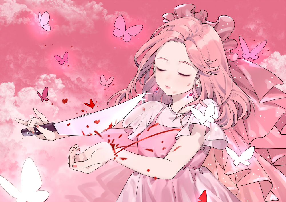 1girl blood blood_on_face blood_spray bloody_knife bug butterfly closed_eyes cloud cloudy_sky dress earrings empire_waist glowing glowing_earrings han_jiu_(456116642) holding holding_knife injury insect jewelry knife long_hair nail_polish original parted_bangs pink_dress pink_hair pink_nails pink_sky pink_theme pink_veil self-harm short_sleeves sky smile upper_body veil wrist_cutting