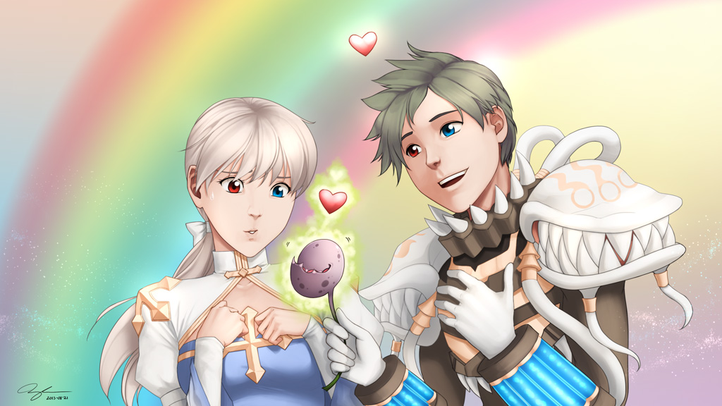 1boy 1girl arch_bishop_(ragnarok_online) armor aura black_shirt blue_dress blue_eyes cleavage_cutout clothing_cutout commentary commission completion_time cross dated dated_commentary dress english_commentary genetic_(ragnarok_online) gloves green_hair grey_hair heart hetero heterochromia juliet_sleeves long_hair long_sleeves looking_at_another looking_to_the_side low_ponytail nancy_teeple open_mouth pauldrons photoshop_(medium) plant ponytail puffy_sleeves ragnarok_online rainbow red_eyes shirt short_hair shoulder_armor signature smile teeth two-tone_dress upper_body upper_teeth_only venus_flytrap vial white_dress white_gloves