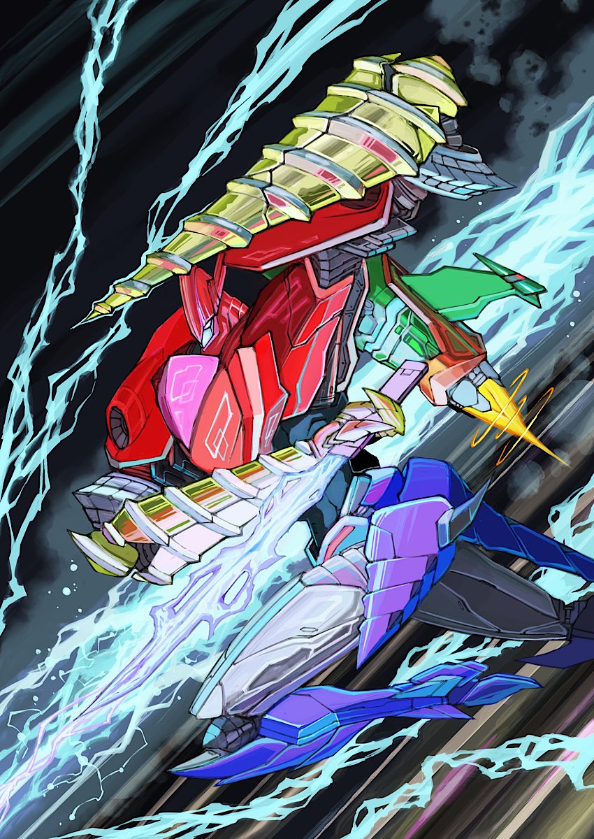 armor blue_armor drill drill_hand electricity energy_sword energy_weapon getter_go getter_robo getter_robo_go getter_sho green_armor high_heels highres holding holding_sword holding_weapon jetpack lightning mecha mecha_focus multicolored_armor no_humans red_armor robot science_fiction super_robot sword thrusters weapon yamanushi