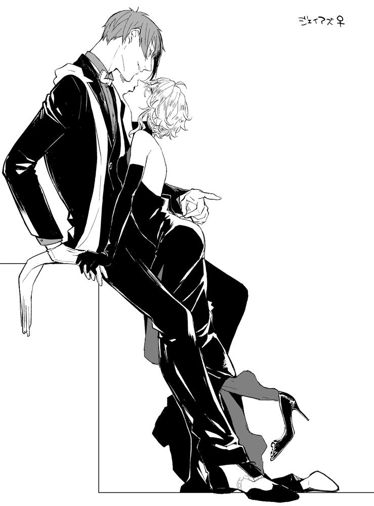 1boy 1girl arm_support azul_ashengrotto bare_shoulders bow bowtie collared_shirt dress earrings elbow_gloves formal_clothes from_side full_body genderswap genderswap_(mtf) gloves greyscale halter_dress halterneck hand_on_another&#039;s_hand height_difference hetero high_heels jade_leech jewelry leaning_forward leaning_on_person lipstick long_sleeves looking_at_another looking_down looking_up makeup mole mole_under_eye monochrome multicolored_hair open_mouth pantyhose parted_lips plantar_flexion profile shirai shirt shoe_dangle shoe_soles shoes unworn_shoes short_hair sidelocks simple_background sitting standing stiletto_heels stole streaked_hair suit traditional_bowtie twisted_wonderland undressing untying