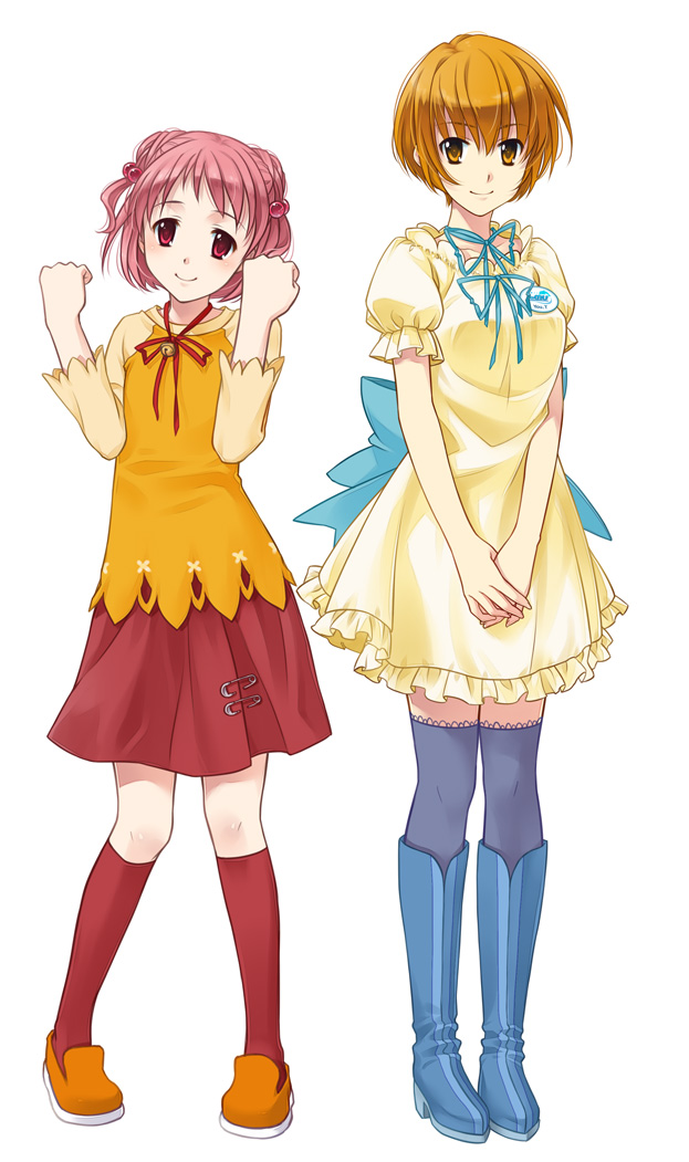 2girls badge blue_thighhighs boots bow brown_eyes brown_hair clenched_hands dress ever_17 hair_bobbles hair_ornament knee_boots kneehighs multiple_girls pink_hair red_eyes red_legwear safety_pin short_hair smile socks standing takigawa_yuu tanaka_yubiseiakikana thighhighs yagami_coco