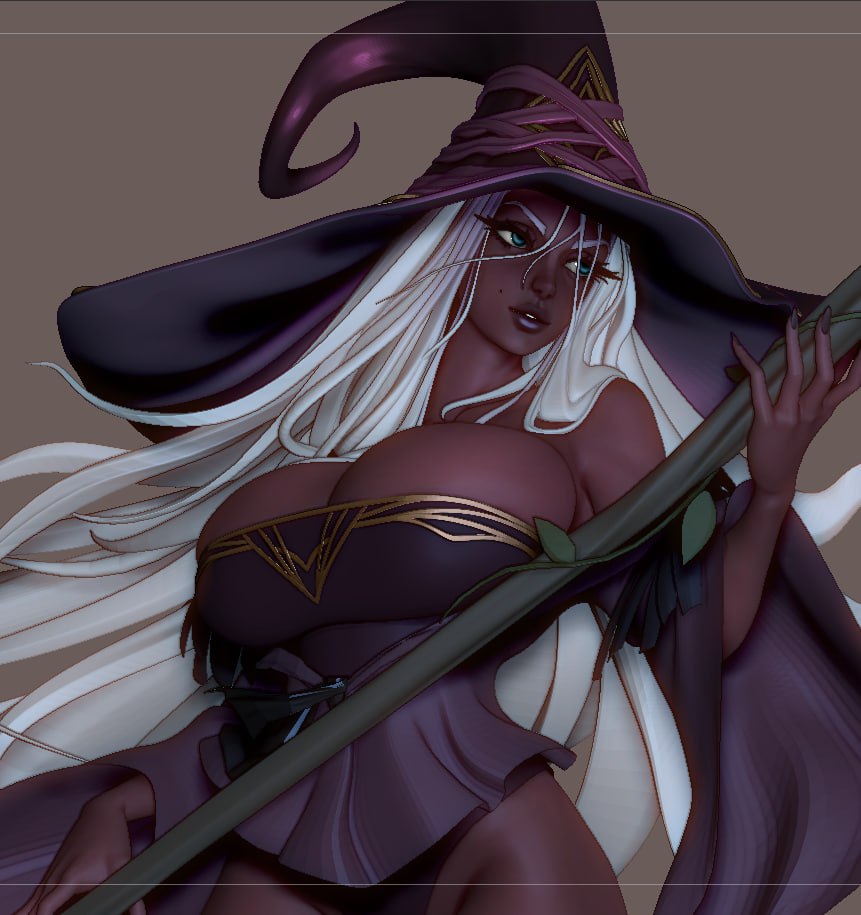 1girl bare_shoulders black_dress black_nails breasts brown_background cleavage colored_skin dark-skinned_female dark_skin dress elden_ring elden_ring_nightreign graykolori groin hat holding large_breasts large_hat long_hair recluse_(elden_ring) simple_background smile solo teeth white_hair witch_hat