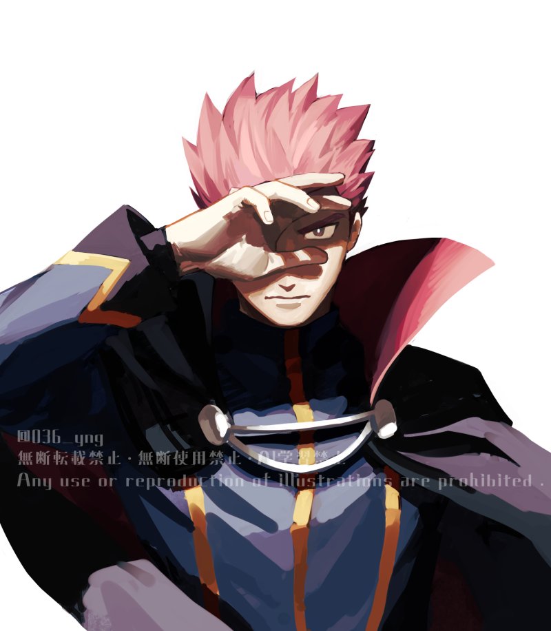 1boy black_cape bright_pupils brown_eyes cape closed_mouth commentary hand_up jacket lance_(pokemon) long_sleeves male_focus nintendo pink_hair pokemon pokemon_hgss short_hair simple_background solo spiked_hair twitter_username upper_body watermark white_background white_pupils y_(036_yng)