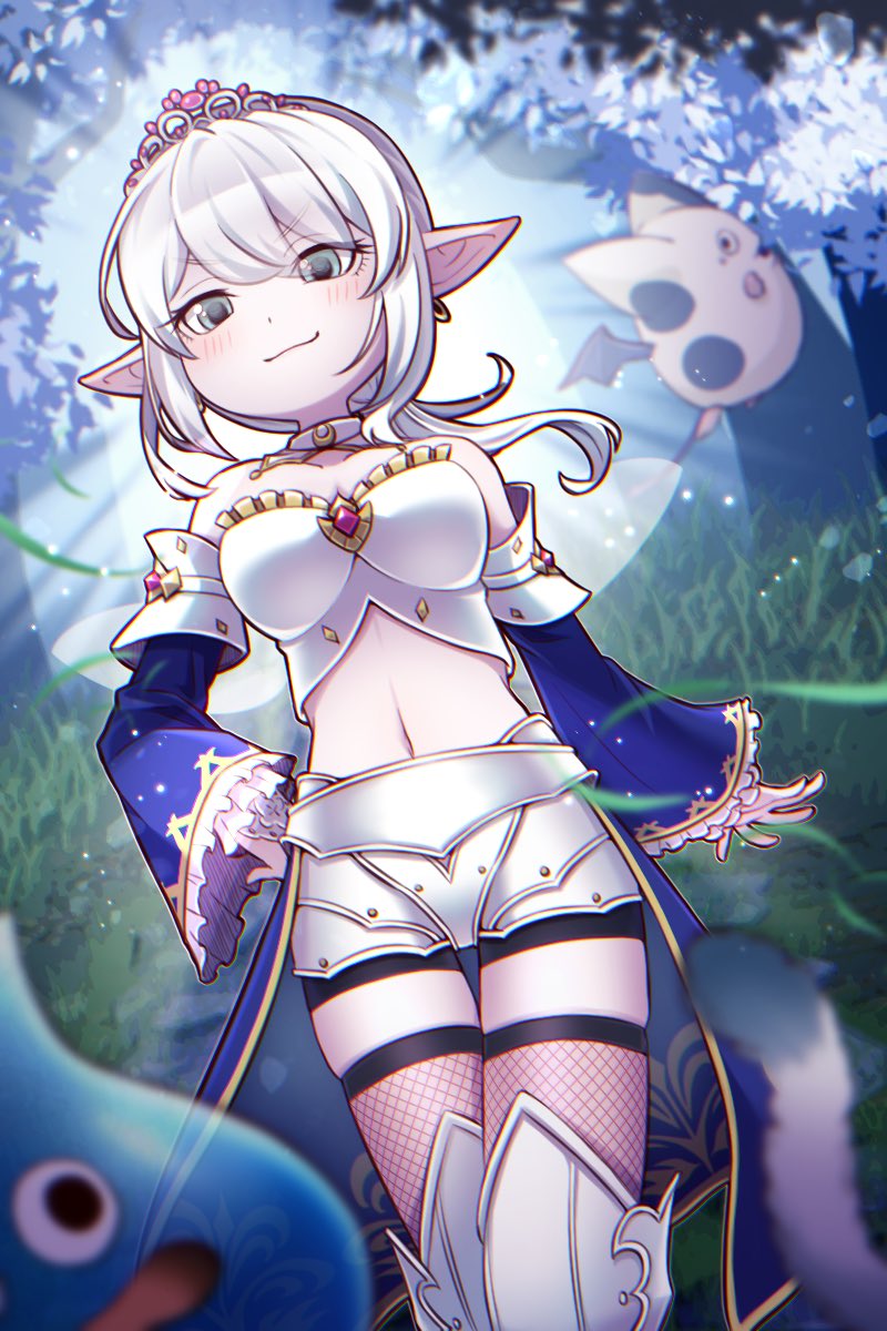 1girl 3others aqua_eyes armor bike_shorts bike_shorts_under_shorts black_shorts blurry breasts cleavage closed_mouth colored_skin commentary_request cowboy_shot depth_of_field detached_collar detached_sleeves dragon_quest dragon_quest_x elf_(dq10) fairy_wings fishnet_thighhighs fishnets floating_hair forest frilled_sleeves frills from_below gem gold_trim grass greaves hand_on_own_hip highres looking_at_viewer looking_down low_ponytail mami_(mamisan_www) medium_breasts midriff teeny_sanguini multiple_others nature navel open_mouth outdoors petite pink_gemstone pink_skin platypunk pointy_ears ponytail purple_sleeves shirt shorts slime_(dragon_quest) smirk smug solo_focus strapless strapless_shirt tail thigh_gap thighhighs tiara white_hair white_shirt white_shorts wings