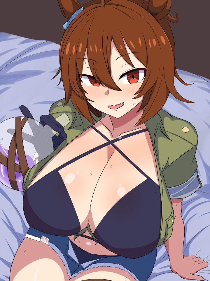 1girl agnes_tachyon_(lunatic_lab)_(umamusume) agnes_tachyon_(umamusume) alternate_breast_size_(larger) animal_ears bikini black_bikini black_gloves blue_shorts blush breasts brown_hair cleavage commentary_request cowboy_shot flask gloves green_jacket hair_between_eyes halterneck holding holding_flask horse_ears horse_girl huge_breasts jacket legion_(lovers6) looking_at_viewer open_fly open_mouth potion red_eyes round-bottom_flask short_sleeves shorts single_glove sitting smile solo swimsuit swimsuit_under_clothes umamusume