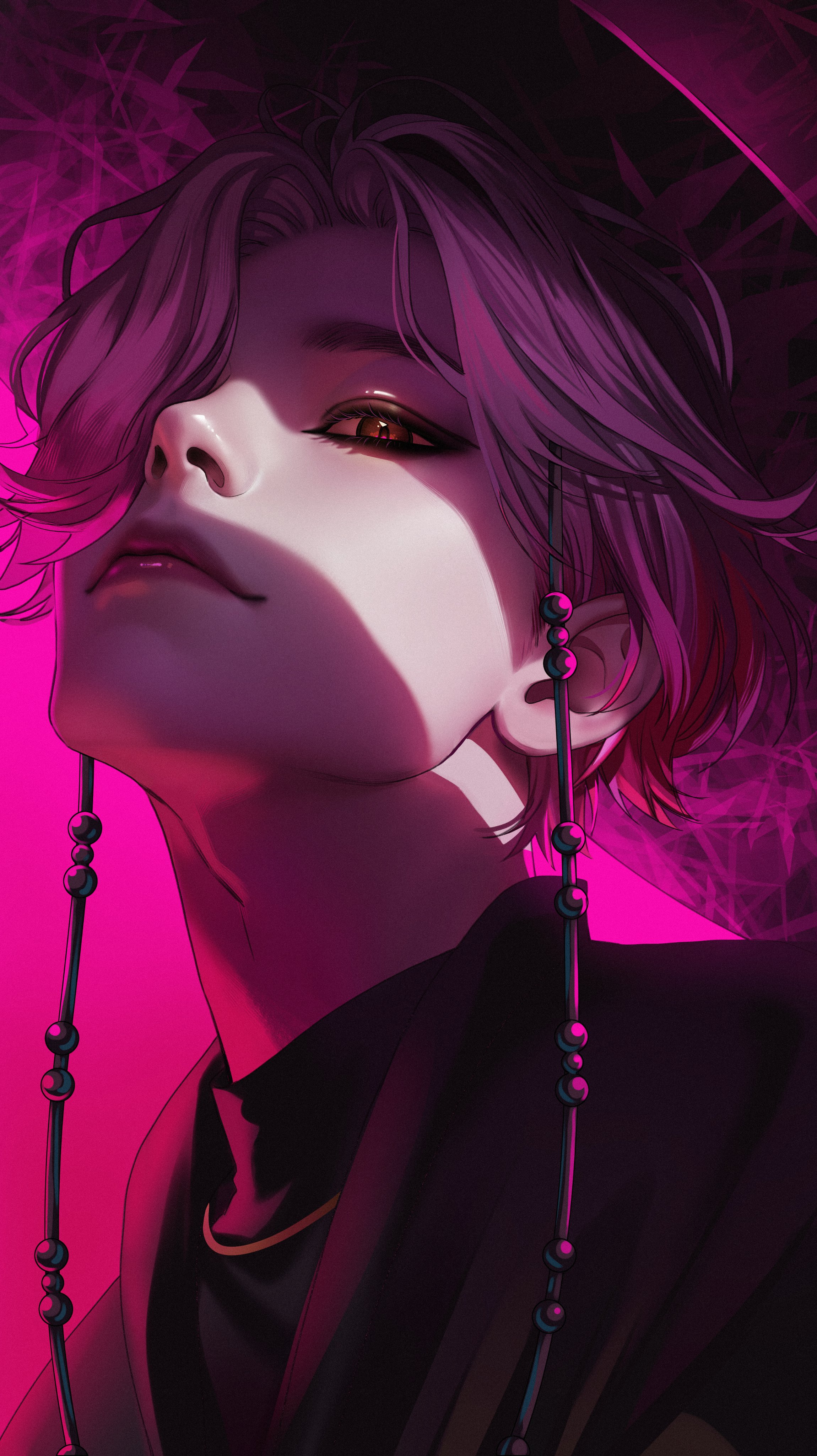 1boy absurdres black_hanbok closed_eyes compression_shirt gat_(hat) gatkkeun hair_over_one_eye hanbok hat highres korean_clothes korean_traditional_hat kpop_demon_hunters light_smile looking_at_viewer male_focus merururuu mystery_(kpop_demon_hunter) parted_bangs parted_lips pink_background pink_eyes pink_hair purple_pupils short_hair solo upper_body
