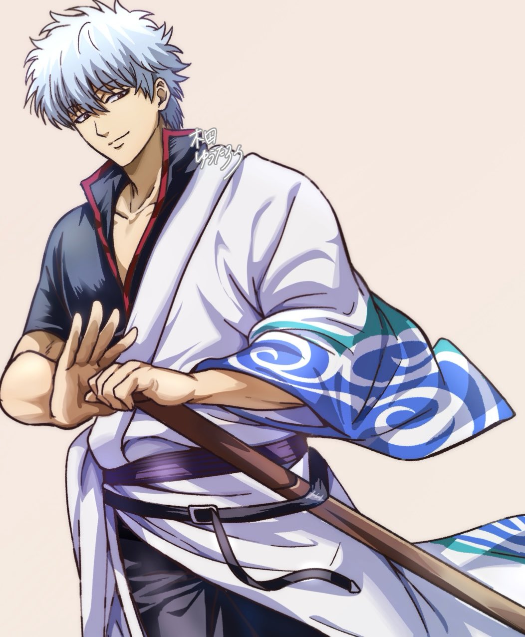 1boy belt black_belt black_pants black_shirt blue_hair bokken closed_mouth collarbone commentary commentary_request cowboy_shot gintama hadanugi_dousa hair_between_eyes hand_on_hilt highres holding holding_sword holding_weapon japanese_clothes kimono long_sleeves looking_at_viewer male_focus open_clothes open_kimono pants popped_collar sakata_gintoki shirt short_hair short_sleeves signature smile solo standing sword weapon white_hair white_kimono wide_sleeves wooden_sword yutaro_kida