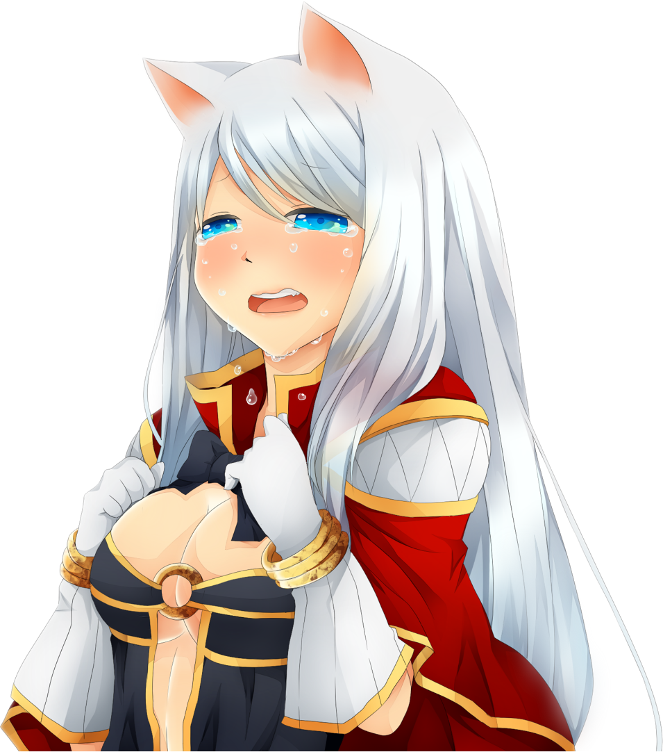 1girl animal_ears black_bow black_bowtie black_dress blue_eyes blush bow bowtie breasts cape cat_ears cat_girl cleavage commentary_request creator_(ragnarok_online) crying crying_with_eyes_open dress gloves large_breasts long_hair looking_at_viewer meiko_(nattu303) o-ring o-ring_top open_mouth ragnarok_online red_cape simple_background smile solo tears upper_body white_background white_gloves white_hair