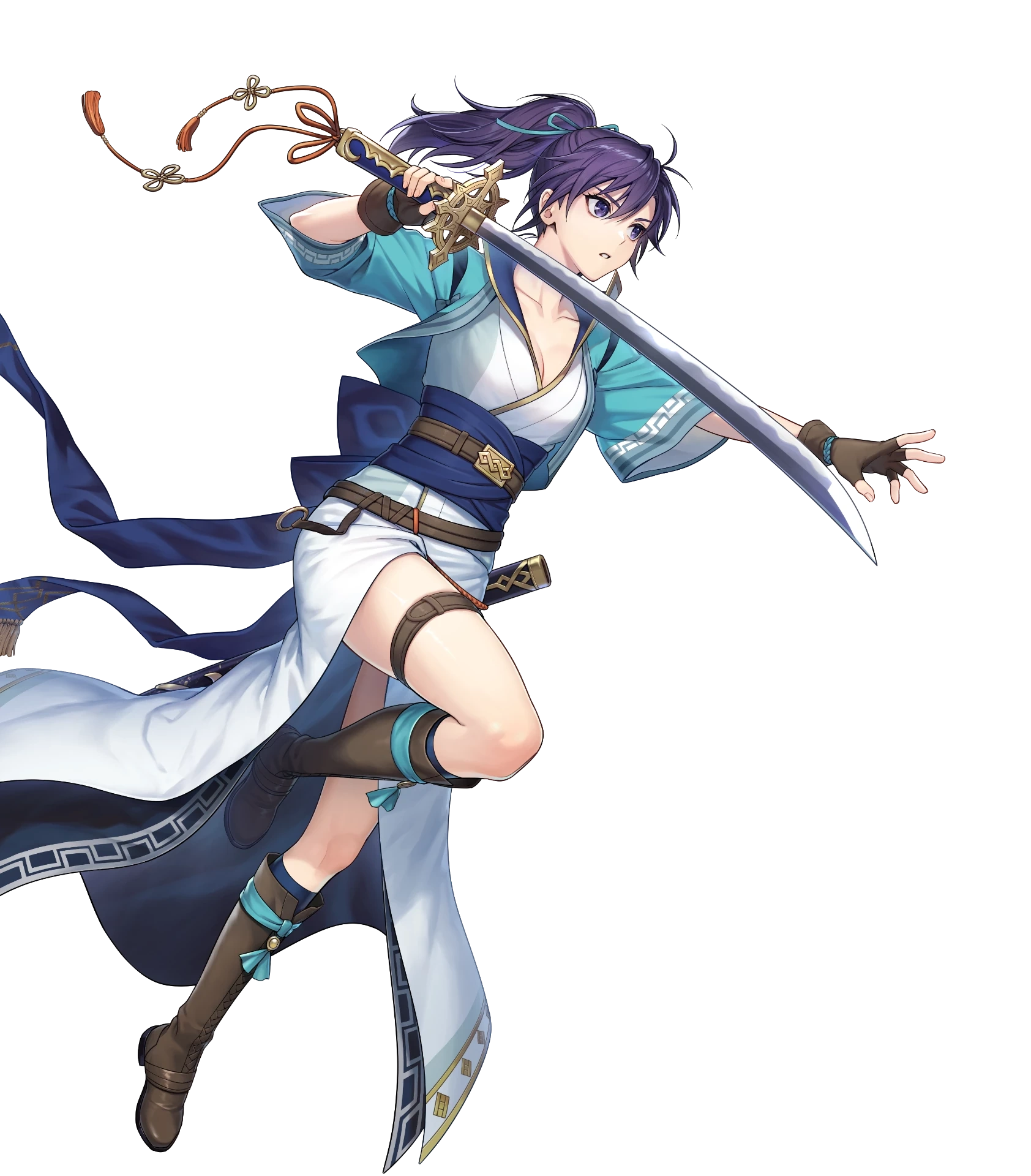 1girl boots fingerless_gloves fir_(fire_emblem) fir_(swordmaiden)_(fire_emblem) fire_emblem fire_emblem:_the_binding_blade fire_emblem_heroes full_body gloves highres japanese_clothes kiyu_(zuyu) knee_boots long_hair nintendo non-web_source obi official_art ponytail purple_eyes purple_hair sash short_sleeves solo sword thigh_strap transparent_background weapon