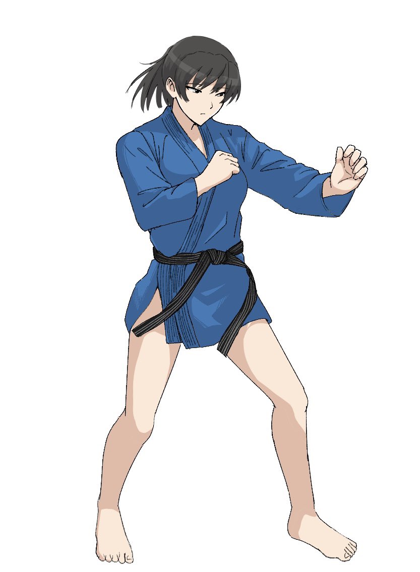 1girl amagami bare_legs barefoot belt black_belt black_eyes black_hair blue_shirt clenched_hands closed_mouth dougi fighting_stance full_body gyuunyuu_pack_(tanaka) japanese_clothes kimono martial_arts_belt ponytail shirt short_kimono simple_background solo standing thighs three_quarter_view toes tsukahara_hibiki white_background