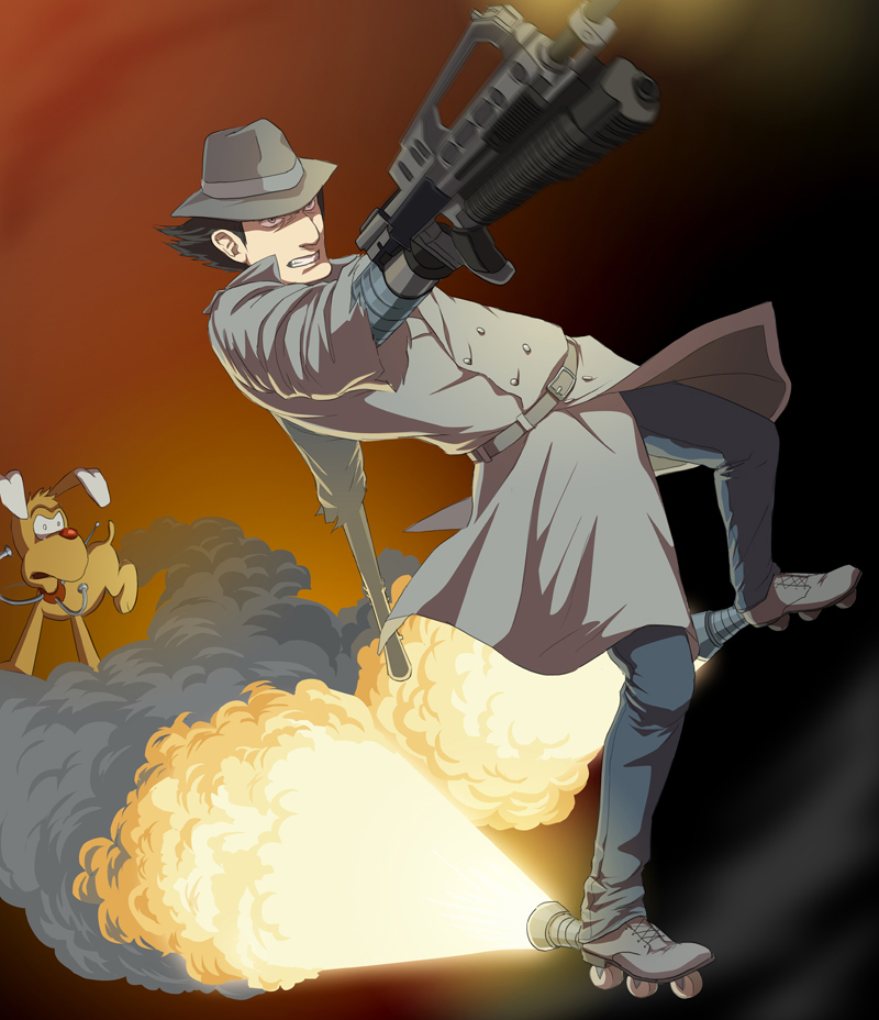 1980s_(style) 1boy angry belt black_hair brain_(inspector_gadget) buttons clenched_teeth coat cyborg detective dic_entertainment dog dual_wielding dutch_angle epic fighting_stance fire gadget gb_(doubleleaf) gradient_background grey_eyes gun hat holding inline_skates inspector_gadget leaning_back male_focus oldschool pants red_nose retro_artstyle rifle roller_skates short_hair skates smoke teeth trench_coat weapon