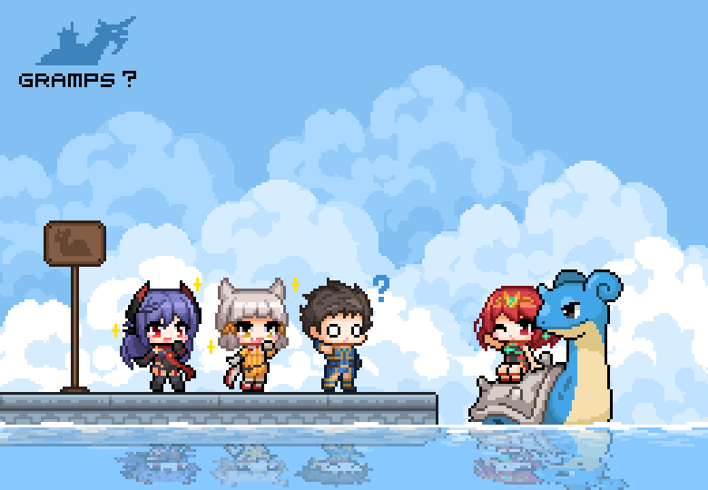 16-bit 16bit 1boy 3girls android animal_ears azurda_(xenoblade) blunt_bangs bodysuit cat_ears creatures_(company) crossover english_text game_freak gen_1_pokemon lapras long_hair multiple_girls nia_(xenoblade) nintendo pixel_art pokemon pokemon_(creature) poppi_(xenoblade) poppi_qtpi_(xenoblade) pyra_(xenoblade) red_eyes red_hair redforge rex_(xenoblade) riding riding_pokemon short_hair silhouette silver_hair water xenoblade_chronicles_(series) xenoblade_chronicles_2 yellow_bodysuit yellow_eyes