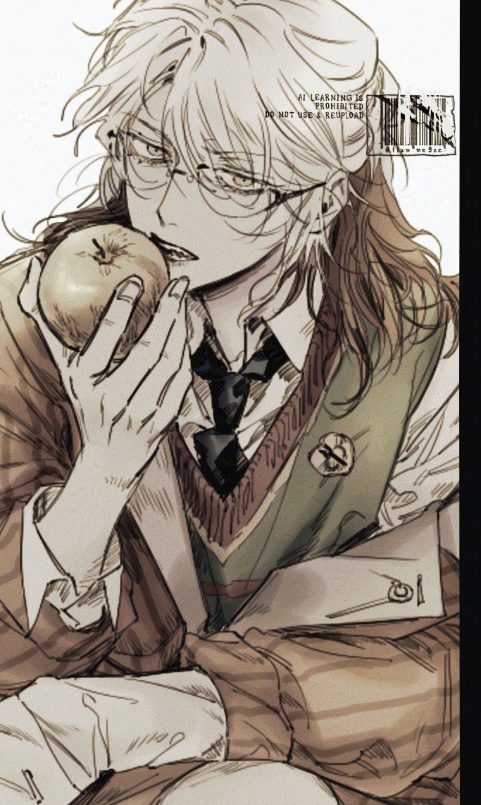 1other apple biting black_necktie brown_hair brown_jacket collared_shirt colored_tips eating food fruit glasses green_vest gyujik_qzc hand_up holding holding_food holding_fruit jacket medicine_pocket medicine_pocket_(the_cosmos_photographer) multicolored_hair necktie official_alternate_costume reverse:1999 shirt single_off_shoulder solo sweater_vest upper_body vest white_background white_shirt yellow_eyes