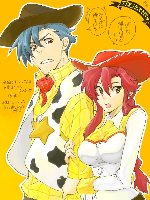 1boy 1girl badge blue_hair braid breasts cosplay couple cowboy cowboy_hat cowboy_western cowgirl_(western) disney fusion hat hetero holding jessie_the_yodeling_cowgirl jessie_the_yodeling_cowgirl_(cosplay) kamina_(ttgl) large_breasts pixar red_eyes red_hair ru&amp;pauda_(artist) sheriff_woody sheriff_woody_(cosplay) tegaki tengen_toppa_gurren_lagann toy_story translation_request western yellow_eyes yoko_littner
