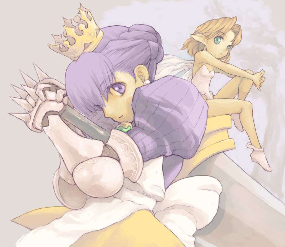 2girls ankle_boots arlia armor armored_dress armpits atlus bare_shoulders boots bow brown_hair cross crown dress earrings fairy fairy_wings fantasy flat_chest frills frown gauntlets gem gold_crown gradriel gradriel_de_valendia green_eyes grey_background hair_between_eyes hair_bun head_tilt holding huge_weapon jewelry leotard long_pointy_ears looking_at_viewer looking_back mini_person minigirl multiple_girls outstretched_arms over_shoulder own_hands_clasped own_hands_together parted_lips pointy_ears pota pota_(nabrinko) princess_crown profile purple_eyes purple_hair short_hair single_hair_bun sitting size_difference spikes sword tree upper_body weapon wings