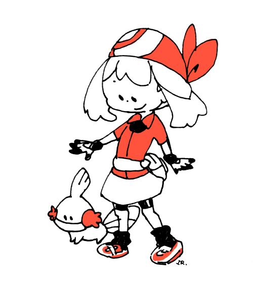 00s 1girl arms_at_sides bag bandana belt_pouch bike_shorts full_body gen_3_pokemon gloves legs_apart looking_down may_(pokemon) mudkip nintendo pokemon pokemon_(creature) pokemon_rse pouch sanshoku_iruka shoes short_hair shorts shorts_under_skirt signature simple_background skirt smile spot_color standing white_background