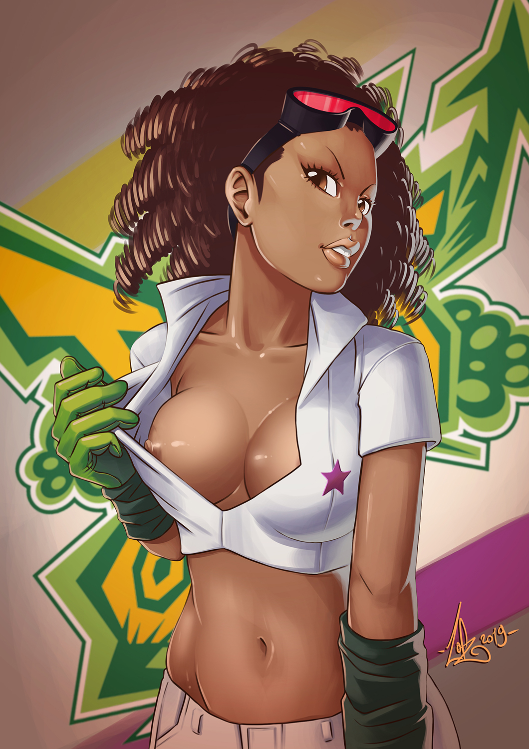 1girl al_folo breasts brown_eyes brown_hair cleavage dark-skinned_female dark_skin dreadlocks flashing gloves goggles goggles_on_head highres jet_set_radio lipstick makeup medium_breasts navel nipples piranha_(jsr) solo
