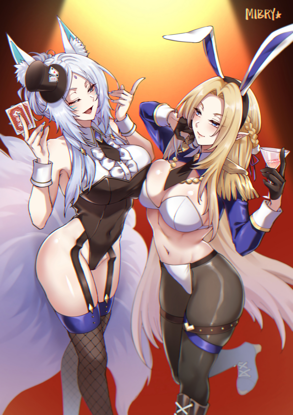 2girls alpha_(kage_no_jitsuryokusha_ni_naritakute!) animal_ear_fluff animal_ears armpits artist_name asymmetrical_docking black_gloves black_leotard black_necktie black_pantyhose blonde_hair blue_eyes blush bra braid breast_press breasts card cleavage closed_mouth cocktail_glass covered_navel cup drinking_glass elf facial_mark fake_animal_ears fishnet_thighhighs fishnets forehead_tattoo fox_girl from_side garter_belt gloves groin half_gloves hat high_heels highres holding holding_card holding_cup kage_no_jitsuryokusha_ni_naritakute! large_breasts large_tail leotard long_hair looking_at_another mibry_(phrysm) mini_hat mini_top_hat multiple_girls nail_polish necktie one_eye_closed open_mouth pantyhose playboy_bunny playing_card pointy_ears rabbit_ears shirt shrug_(clothing) simple_background smile spotlight standing standing_on_one_leg tail thighhighs top_hat underwear very_long_hair white_bra white_hair white_shirt white_wrist_cuffs wrist_cuffs yukime_(kage_no_jitsuryokusha_ni_naritakute!)