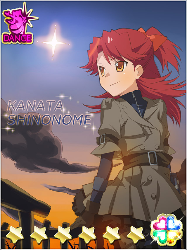 1girl akb0048 belt belt_buckle bow brown_belt brown_dress brown_gloves buckle buttons card_(medium) character_name closed_mouth cloud cowboy_shot double-breasted dress ebata_risa gloves hair_bow heart high_ponytail long_hair looking_back non-web_source official_art orange_eyes orange_sky outdoors ponytail railing red_hair shinonome_kanata sky smile solo sparkle standing star_(symbol)