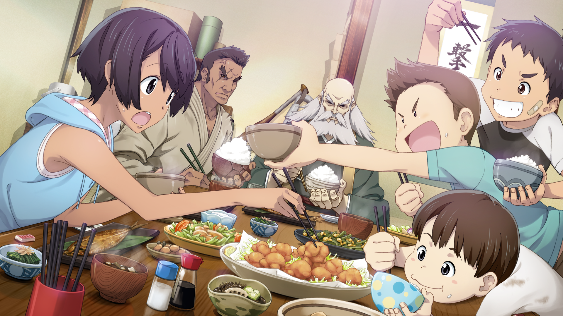 1girl 5boys adam&#039;s_apple balding black_hair black_shirt blue_hood bob_cut bowl brother_and_sister brothers brown_eyes brown_kimono character_request chicken_(food) chopsticks clenched_teeth daitoku_junna dark-skinned_female dark-skinned_male dark_skin dinner dirty dirty_clothes dojo dutch_angle eating elbow_on_table family father_and_daughter father_and_son fingernails fish fish_(food) food food_request fried_chicken fukuda_tomonori game_cg grandfather_and_granddaughter grandfather_and_grandson green_kimono green_shirt grey_eyes grilled_fish grin highres holding holding_bowl holding_chopsticks hood hoodie japanese_clothes kimono long_hair multiple_boys muscular muscular_male nervous_sweating non-web_source official_art old old_man on_table open_mouth pectorals plaid_hood red_eyes rice robotics;notes scar scar_across_eye scar_on_face shiny_skin shirt short_hair siblings sleeveless sleeveless_hoodie smile soy_sauce soy_sauce_bottle sushi sweat sweatdrop t-shirt table teeth thick_eyebrows tongue very_short_hair white_shirt