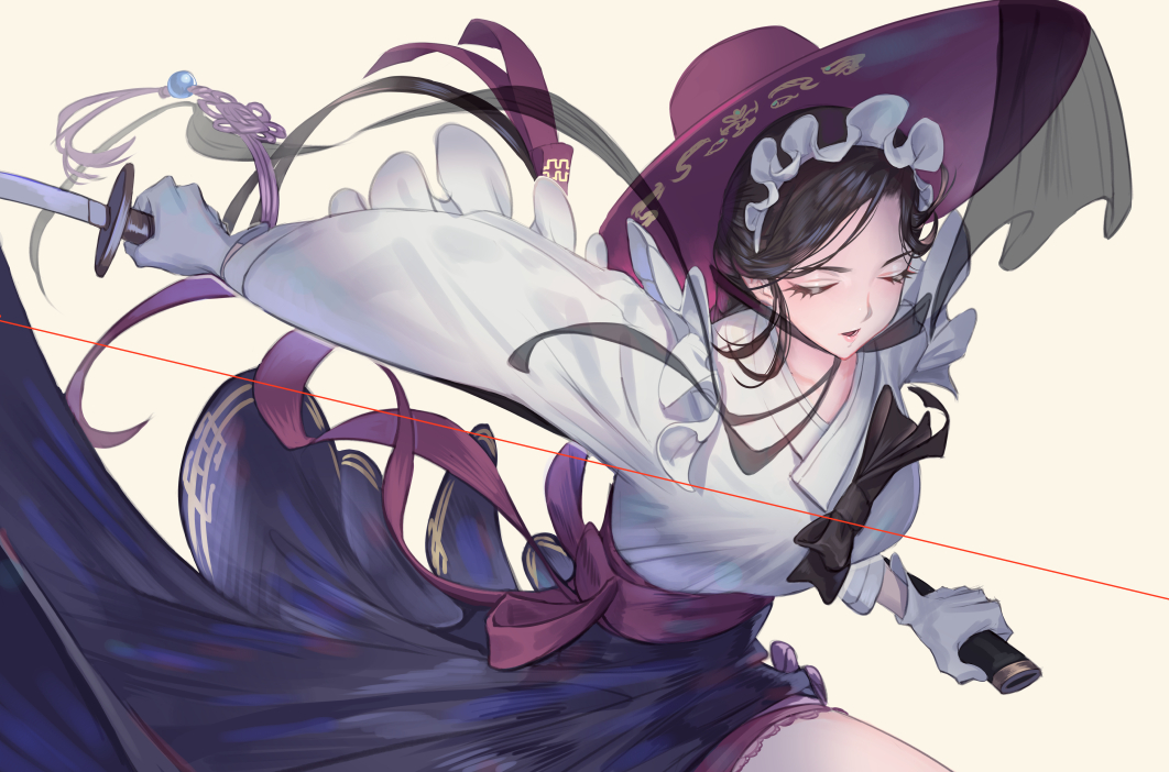 1girl beige_background brown_hair closed_eyes collarbone gat_(hat) gloves hat kagimiya_mello keumran_(last_origin) korean_clothes last_origin long_hair maid_headdress scabbard sheath simple_background solo sword weapon white_gloves
