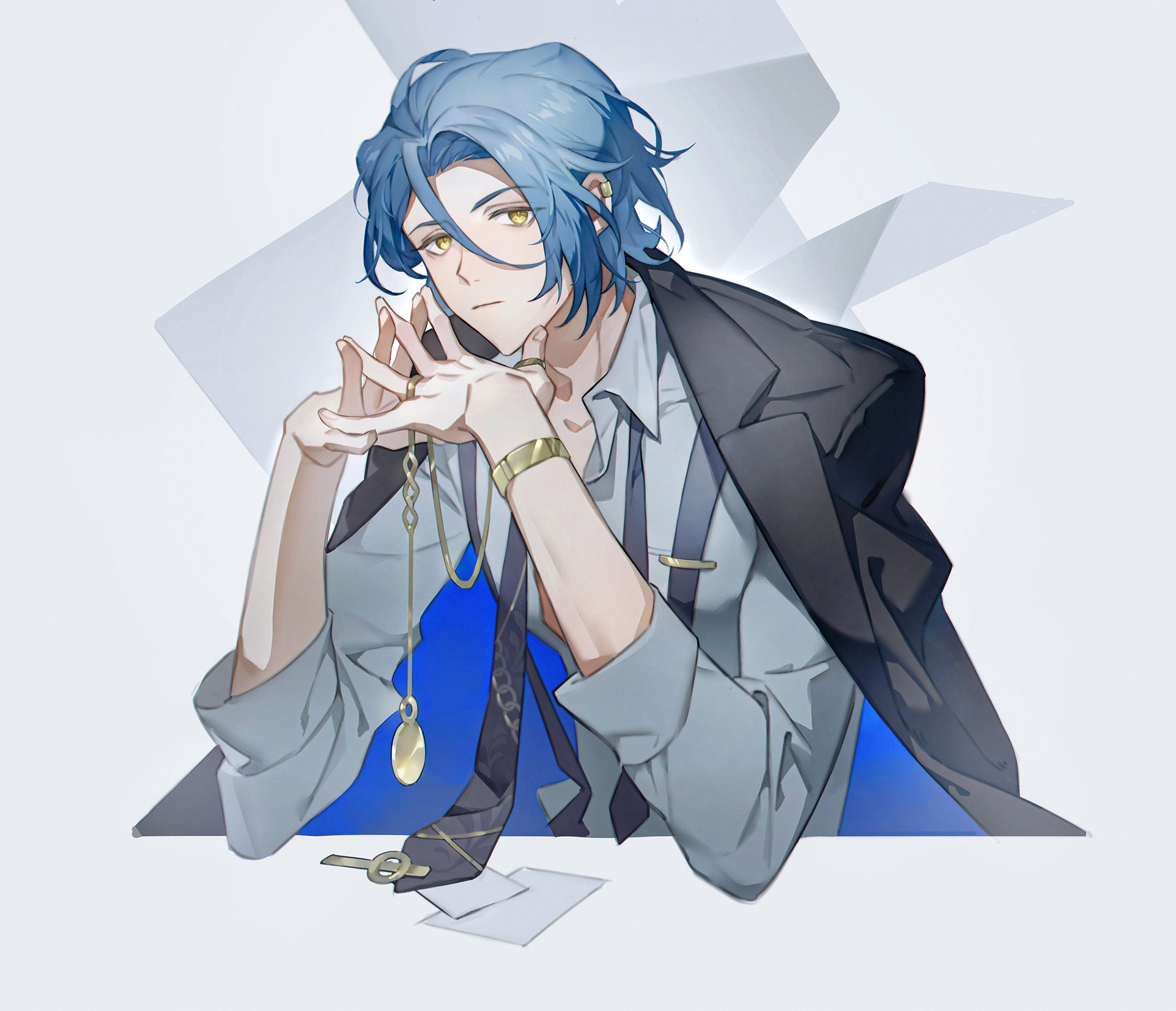 1boy black_jacket black_necktie blue_hair bracelet closed_mouth earclip elbows_on_table ensemble_stars! expressionless hair_strand highres himeru_(ensemble_stars!) interlocked_fingers jacket jacket_on_shoulders jewelry laoelaoee looking_at_viewer male_focus necktie paper partially_unbuttoned pendant pendant_removed print_necktie shirt short_hair solo suspenders tie_clip undone_necktie upper_body white_background white_shirt yellow_eyes