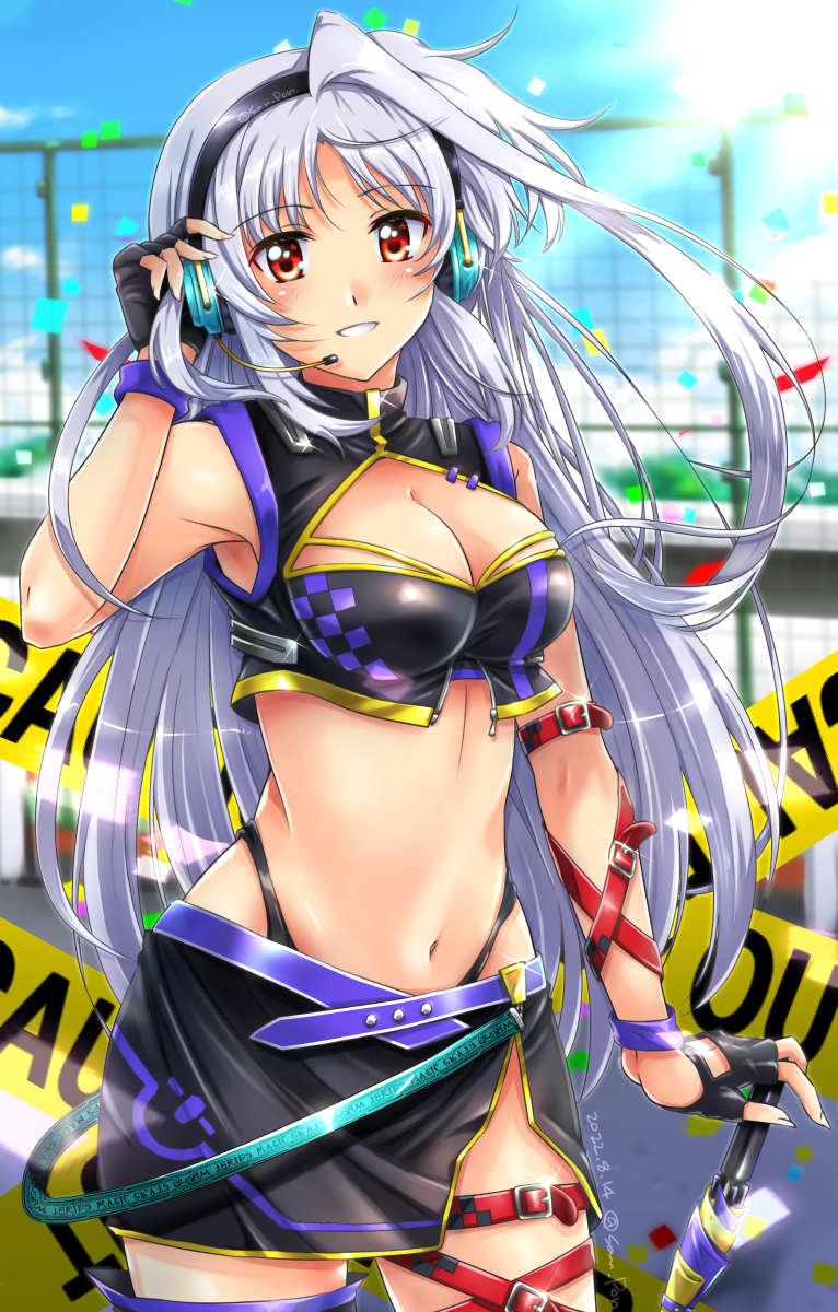 1girl arm_strap black_skirt blush breasts caution_tape cleavage cleavage_cutout clothing_cutout fingerless_gloves gloves grey_hair headset highres long_hair looking_at_viewer lyrical_nanoha mahou_shoujo_lyrical_nanoha mahou_shoujo_lyrical_nanoha_a&#039;s medium_breasts race_queen red_eyes reinforce san-pon skirt sleeveless solo thigh_strap umbrella very_long_hair wristband