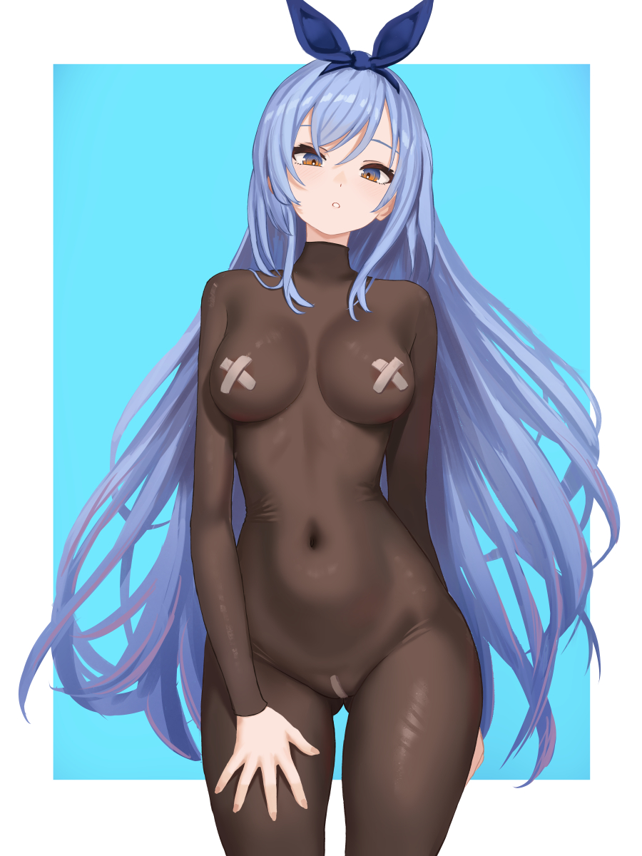 1girl areola_slip bae_minah_(chaesu) blue_background blue_bow blue_eyes blue_hair bodystocking bodystocking_only border borrowed_character bow breasts breasts_apart bright_pupils commentary covered_navel cowboy_shot cross cross_pasties gluteal_fold hair_bow hand_on_own_thigh highres large_breasts long_hair looking_at_viewer multicolored_eyes orange_eyes original paid_reward_available parted_lips pasties simple_background solo two-tone_eyes very_long_hair white_border white_pupils yan_kodiac