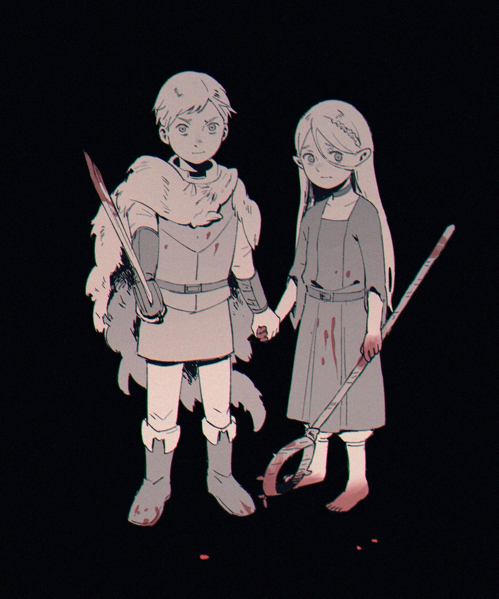 1boy 1girl aged_down ambrosia_(dungeon_meshi) armor barefoot belt belt_buckle black_background blood blood_on_clothes blood_on_feet blood_on_hands bloody_weapon boots bracer breastplate buckle choker chromatic_aberration commentary dungeon_meshi elf english_commentary frown furrowed_brow gorget greyscale highres holding holding_hands holding_staff holding_sword holding_weapon laios_touden long_hair marcille_donato monochrome pelt pointy_ears robe short_hair spot_color staff sword tedty33 weapon wide_sleeves