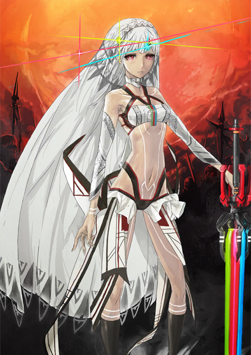 1girl altera_(fate) arm_at_side bandeau bare_shoulders battlefield black_panties black_socks breasts closed_mouth clothing_cutout collarbone dark-skinned_female dark_skin detached_sleeves diffraction_spikes expressionless fate/grand_order fate_(series) feet_out_of_frame full-body_tattoo hand_on_hilt holding holding_sword holding_weapon huke legs_apart leotard long_veil looking_at_viewer navel official_art orange_background panties photon_ray_(fate) red_eyes socks solo standing sword tattoo third-party_source underwear veil weapon white_bandeau white_hair white_sleeves white_veil