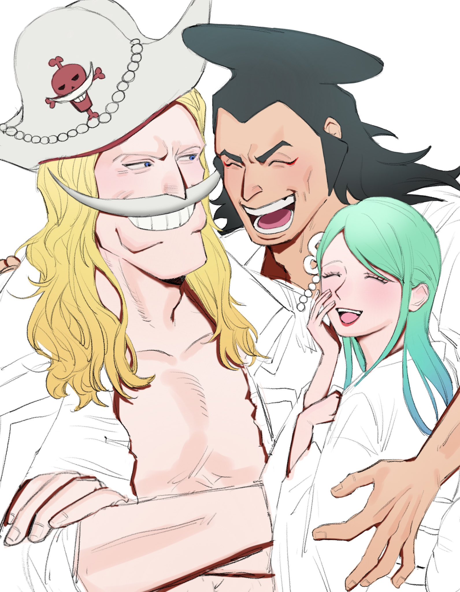 1girl 2boys ^_^ black_hair blonde_hair closed_eyes commentary_request couple crossed_arms edward_newgate eyeliner facial_hair green_hair hat higashida_623 highres kouzuki_oden kouzuki_toki long_hair makeup multiple_boys mustache one_piece pirate_hat red_eyeliner sideburns simple_background smile upper_body white_background