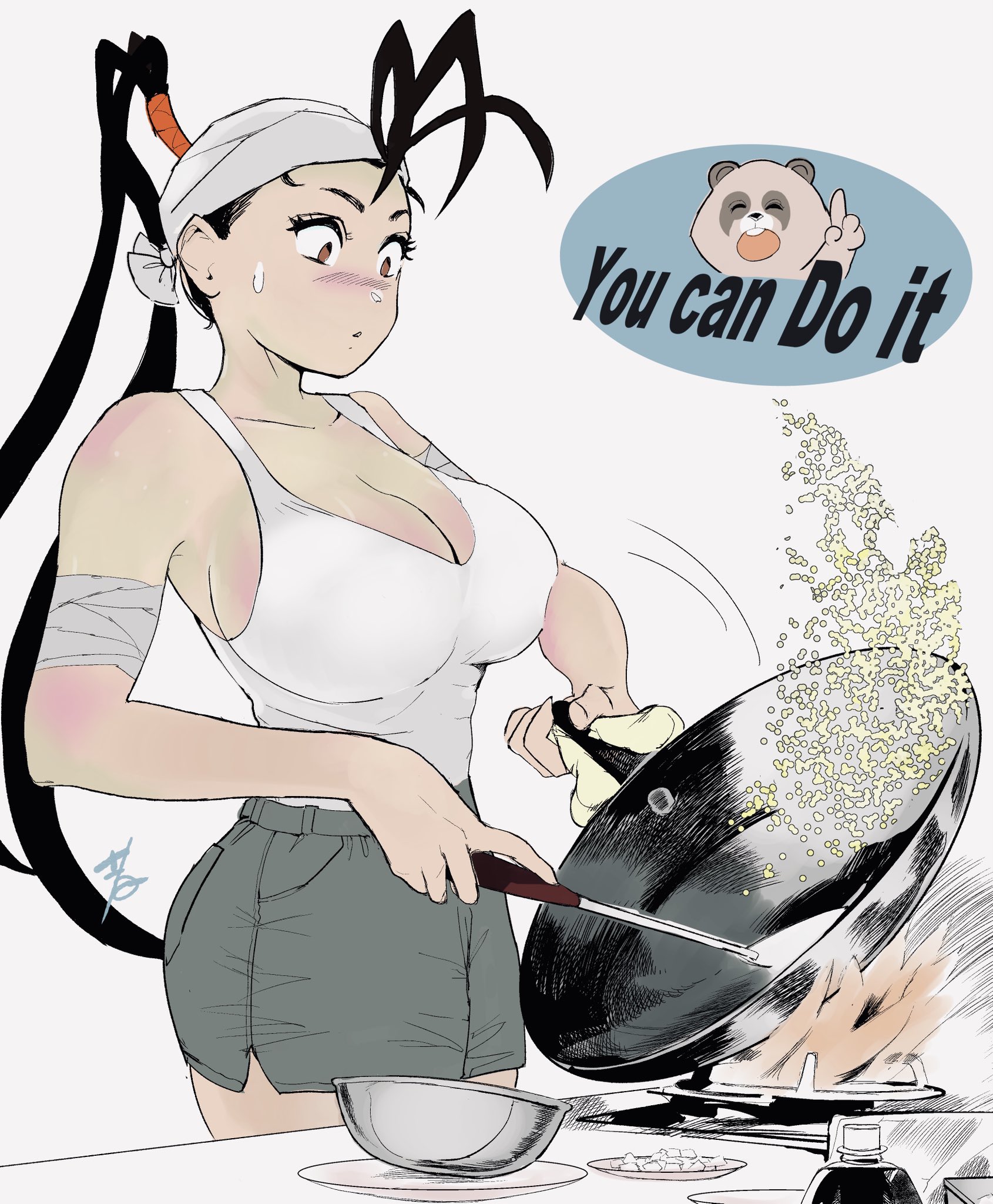1girl black_hair blush breasts capcom cleavage cooking don_(street_fighter) english_text fire highres hiroshi_mono ibuki_(street_fighter) kitchen large_breasts legs long_hair parted_lips ponytail raccoon rice shirt shorts sideboob sleeveless sleeveless_shirt solo street_fighter sweatdrop thighs