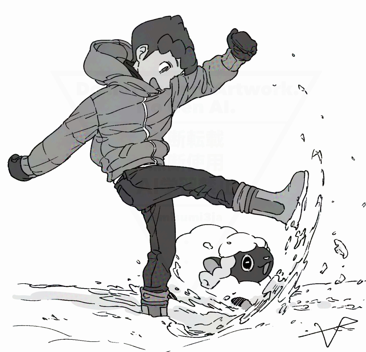 1boy :d boots commentary_request creatures_(company) from_side game_freak gen_8_pokemon greyscale hood hood_down hooded_jacket hop_(pokemon) jacket kicking looking_down male_focus mittens monochrome nintendo open_mouth pants pokemon pokemon_(creature) pokemon_swsh sankaku short_hair smile snow standing standing_on_one_leg wooloo