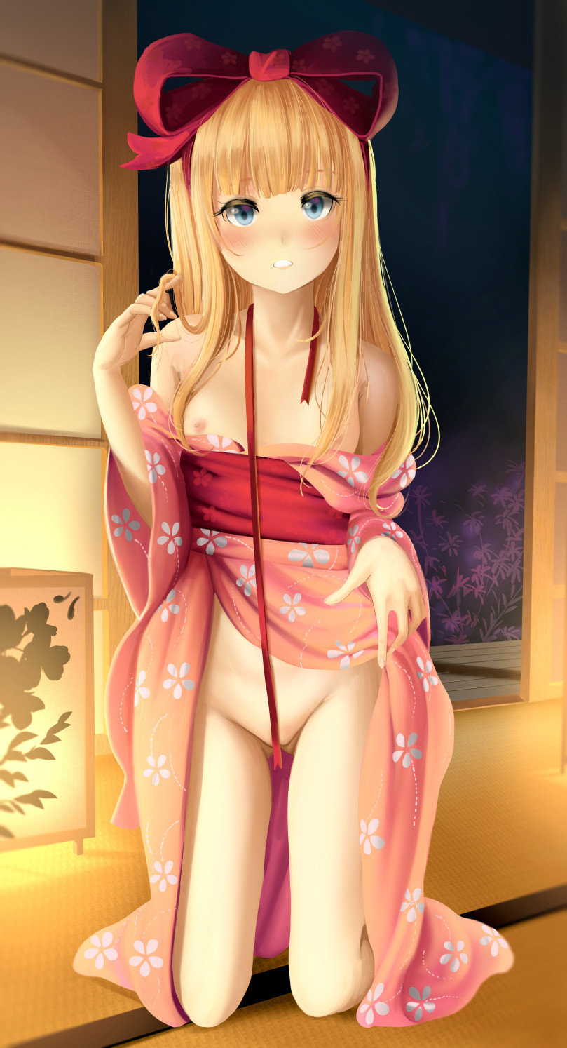 1girl atelier_(series) atelier_firis bare_legs bare_shoulders blonde_hair blue_eyes blunt_bangs blush bow breasts breasts_out collarbone convenient_censoring dkoro female_focus floral_print full_body groin hair_bow highres ilmeria_von_leinweber japanese_clothes kimono lips long_hair nipples off_shoulder parted_lips pink_kimono red_bow red_ribbon ribbon small_breasts solo tatami teeth thighs