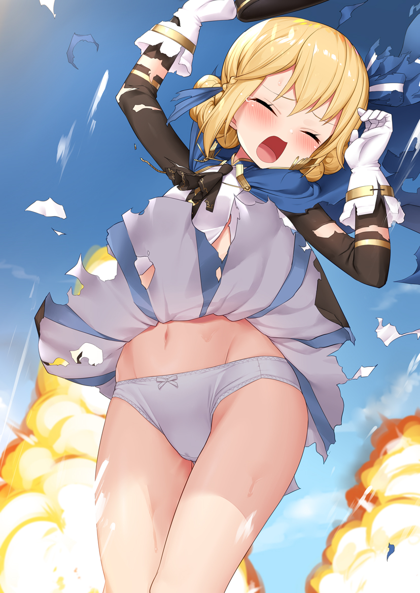 1girl azur_lane blonde_hair blue_cape blush bow bow_panties cameltoe cape closed_eyes clothes_lift commission double_bun explosion from_behind gloves hair_bun hardy_(azur_lane) long_sleeves navel open_mouth panties panty_focus pleated_skirt skeb_commission skirt skirt_lift solo standing torimaru torn_clothes underwear white_gloves white_panties wind wind_lift