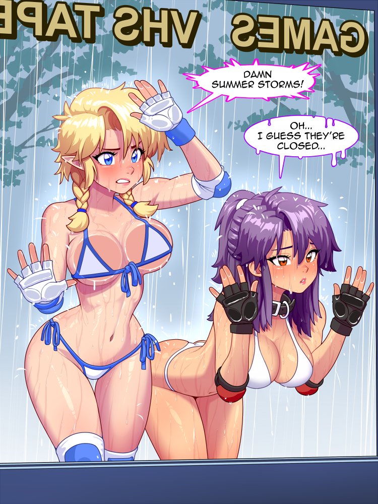 2girls against_glass belt_collar bikini black_gloves blonde_hair blue_eyes braid braided_sidelocks breasts brown_eyes collar commentary elbow_pads english_commentary fingerless_gloves front-tie_bikini_top front-tie_top gloves leaning_forward multiple_girls navel original pointy_ears ponytail purple_hair rain ronindude sassy_(ronindude) side-tie_bikini_bottom swimsuit wet white_bikini