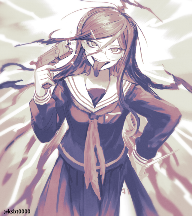 1girl cowboy_shot danganronpa:_trigger_happy_havoc danganronpa_(series) fukawa_toko genocider_shou glasses hair_between_eyes hair_ornament hairclip hajime_(gitoriokawaii) hand_on_own_hip hand_up holding holding_weapon long_hair long_skirt long_sleeves long_tongue looking_at_viewer monochrome neckerchief pleated_skirt round_eyewear sailor_collar school_uniform serafuku shirt skirt smile solo taser teeth tongue tongue_out torn_clothes torn_skirt twitter_username weapon