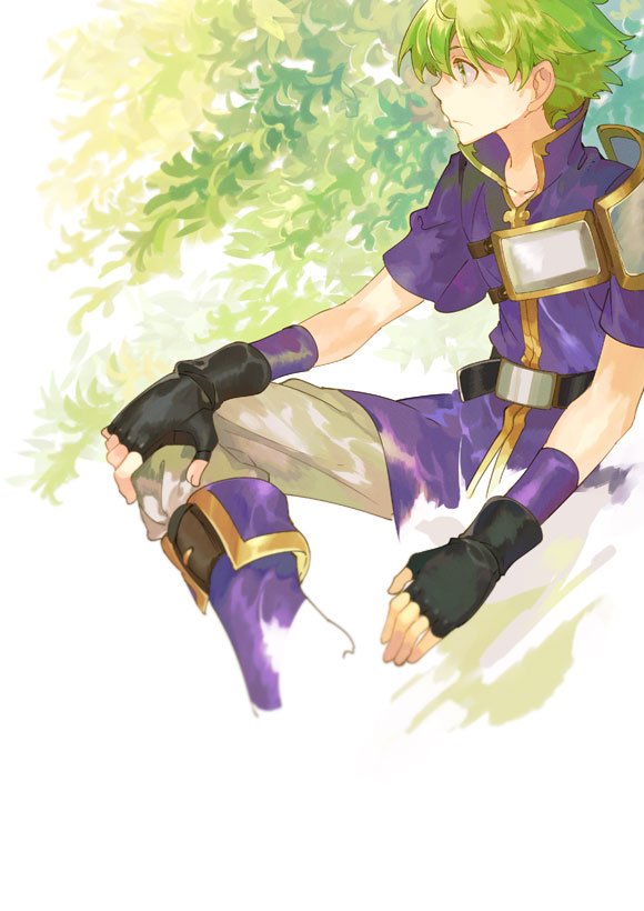 1boy boots fingerless_gloves fire_emblem fire_emblem:_the_binding_blade gloves green_eyes green_hair male_focus nintendo noki_(affabile) painting_(medium) sitting solo traditional_media watercolor_(medium) wolt_(fire_emblem)