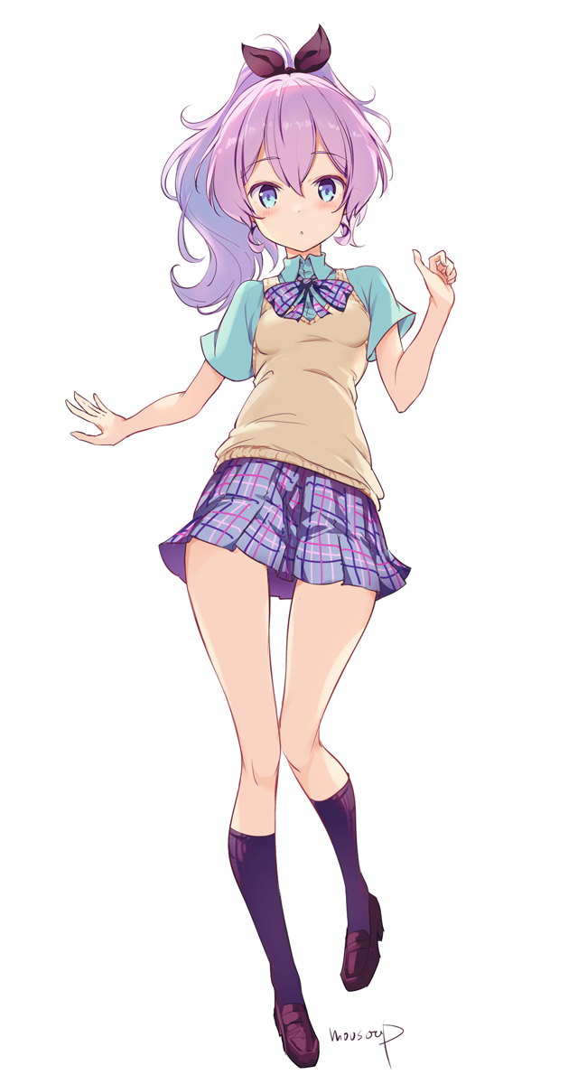1girl :o azur_lane blue_eyes blue_shirt blue_skirt blush bow bowtie brown_footwear brown_ribbon collared_shirt commentary_request dress_shirt full_body hair_between_eyes hair_ribbon high_ponytail highres javelin_(azur_lane) javelin_(slow_ahead!)_(azur_lane) loafers long_hair looking_at_viewer moupii_(hitsuji_no_ki) parted_lips pleated_skirt ponytail purple_hair ribbon school_uniform shirt shoes short_sleeves signature simple_background skirt socks sweater_vest white_background