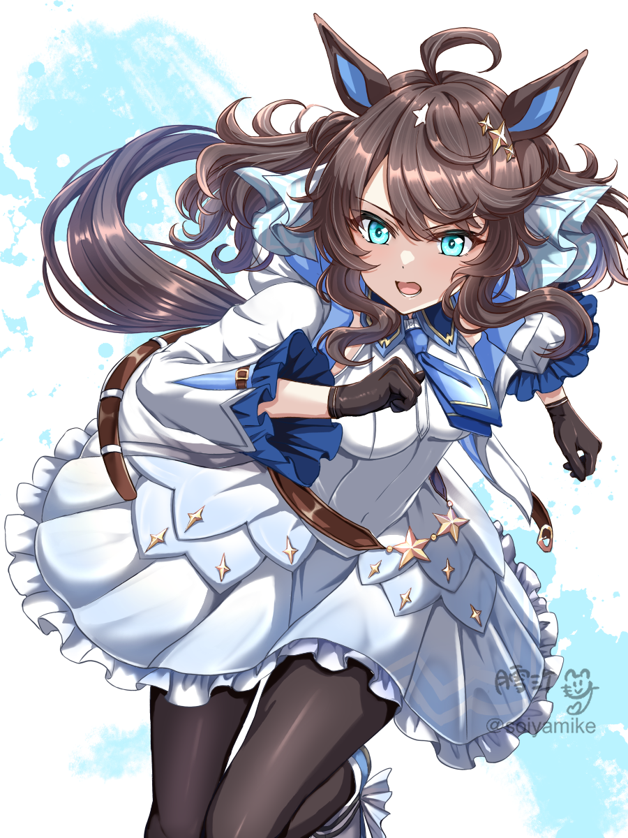 1girl ahoge animal_ears aqua_eyes black_gloves black_pantyhose breasts brown_hair commentary_request daring_tact_(umamusume) gloves highres horse_ears horse_girl horse_tail long_sleeves medium_breasts medium_hair pantyhose running sidelocks skirt solo tail tsukiyuki_mike twitter_username umamusume white_skirt