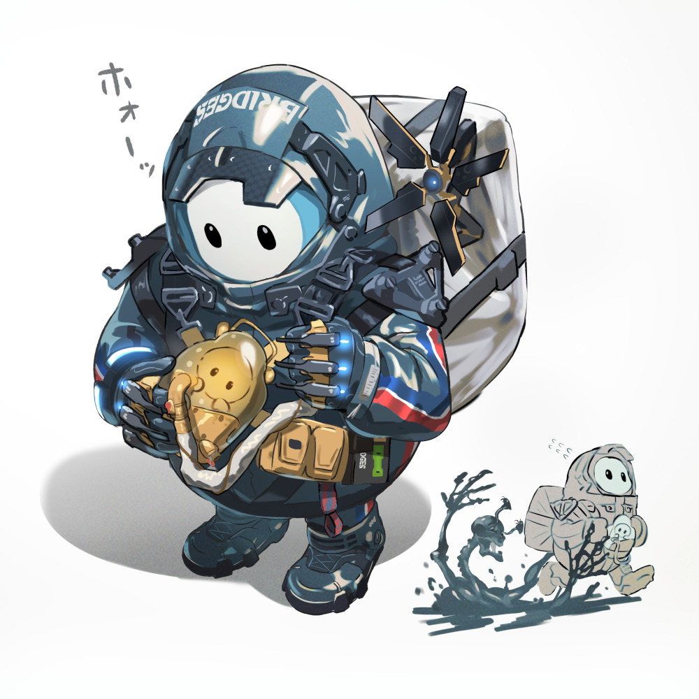 2boys air_bubble baby backpack bag bb-28 beached_thing belt_pouch boots bubble chibi chibi_inset cosplay crossover fall_guy fall_guys fleeing flying_sweatdrops gloves helmet inoki-08 monster multiple_boys pouch sam_porter_bridges sam_porter_bridges_(cosplay) simple_background skeletal_arm skull slime_(substance) white_background
