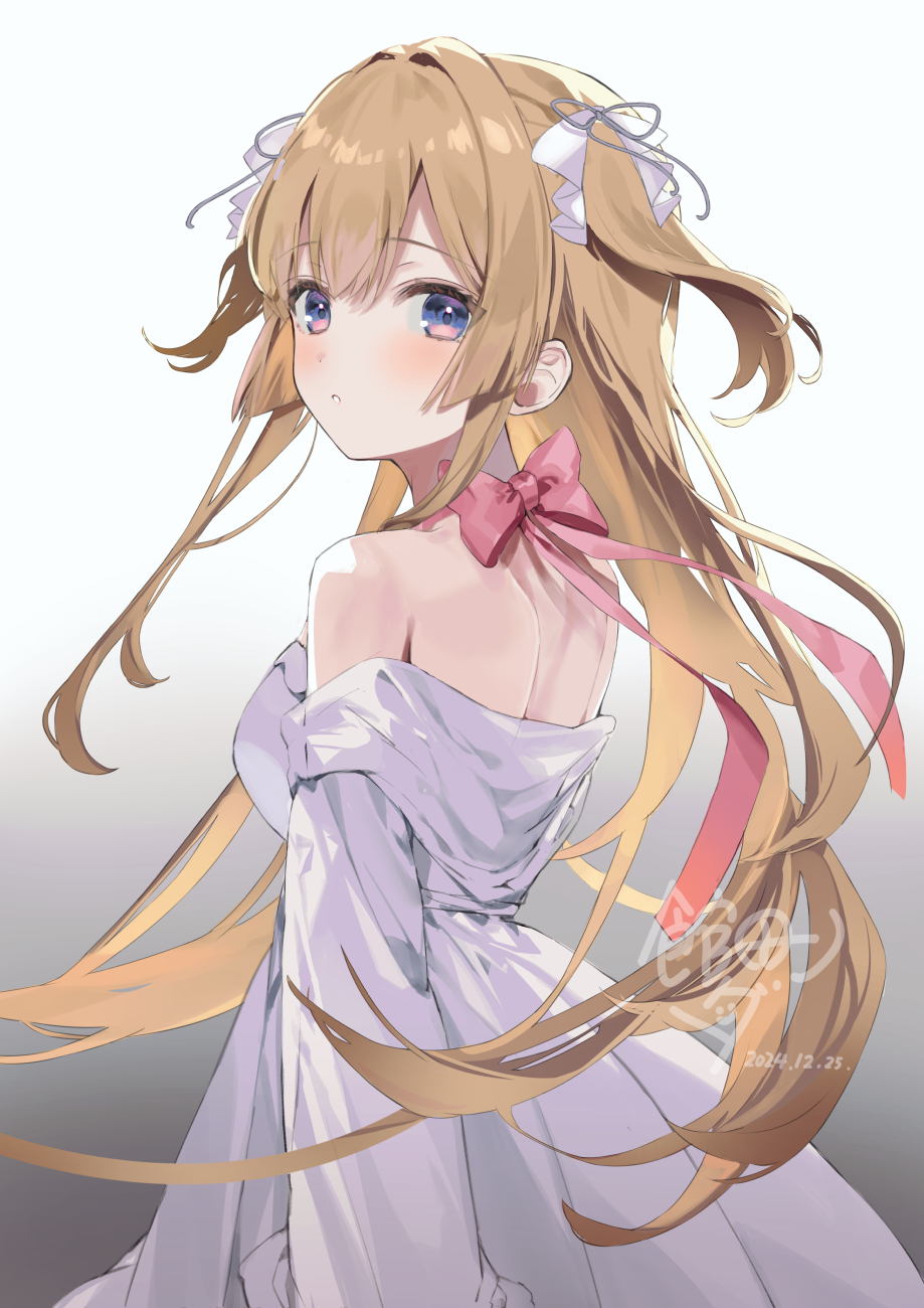 1girl back bare_shoulders blonde_hair blush bow breasts brown_eyes dated dress from_behind gradient_background hair_bow hair_intakes highres kanda_done long_dress long_hair long_sleeves looking_at_viewer looking_back medium_breasts off-shoulder_dress off_shoulder original parted_lips pink_bow pink_ribbon red_eyes ribbon signature simple_background solo two_side_up white_dress wind