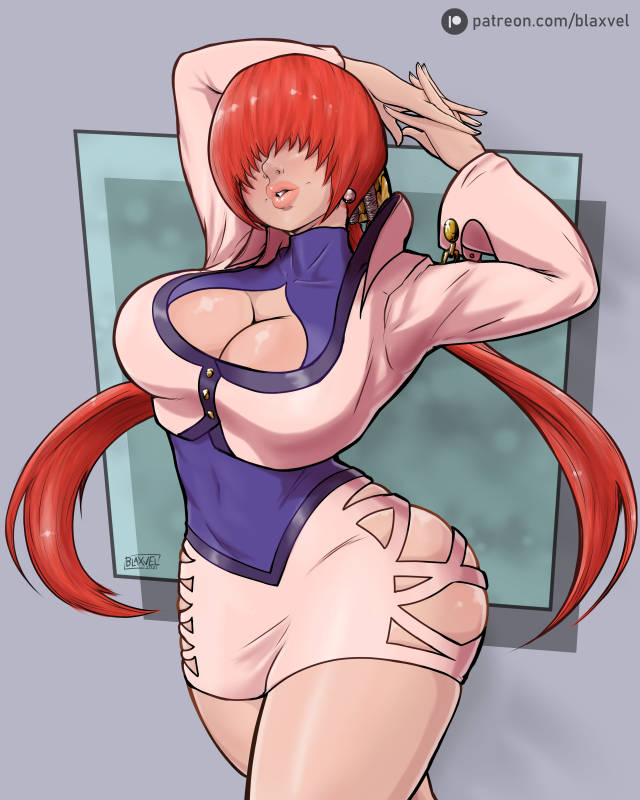 1girl 2021 arms_behind_head arms_up artist_name ass blaxvel blue_shirt breasts cleavage cleavage_cutout clothing_cutout coat commentary contrapposto cowboy_shot curvy earrings english_commentary female_focus floating_hair grey_background hair_between_eyes jewelry large_breasts lips long_hair long_sleeves miniskirt navel_cutout out_of_frame panels parted_lips pink_coat pink_skirt red_hair shermie_(kof) shiny_skin shirt simple_background skin_tight skindentation skirt snk solo split_ponytail standing stretching teeth the_king_of_fighters the_king_of_fighters_&#039;97 thick_lips very_long_hair walking