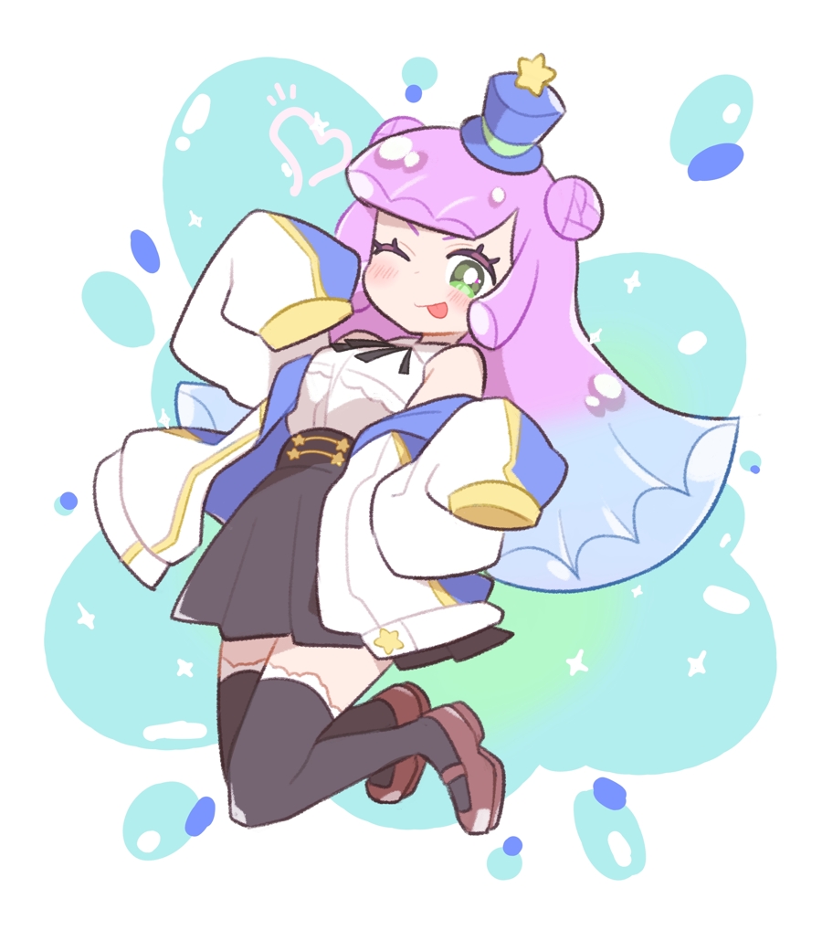 1girl ;p altorealize black_skirt black_thighhighs blue_background blue_hair brown_shoes collared_shirt commentary_request double_bun full_body gradient_hair green_eyes hair_bun hands_up hat jacket long_hair long_sleeves looking_at_viewer mini_hat mini_top_hat monster_girl multicolored_hair off_shoulder official_alternate_costume one_eye_closed open_clothes open_jacket pleated_skirt puniru_(puniru_wa_kawaii_slime) puniru_wa_kawaii_slime purple_hair shirt shoes skirt sleeves_past_fingers sleeves_past_wrists slime_girl smile solo thighhighs tongue tongue_out top_hat white_shirt